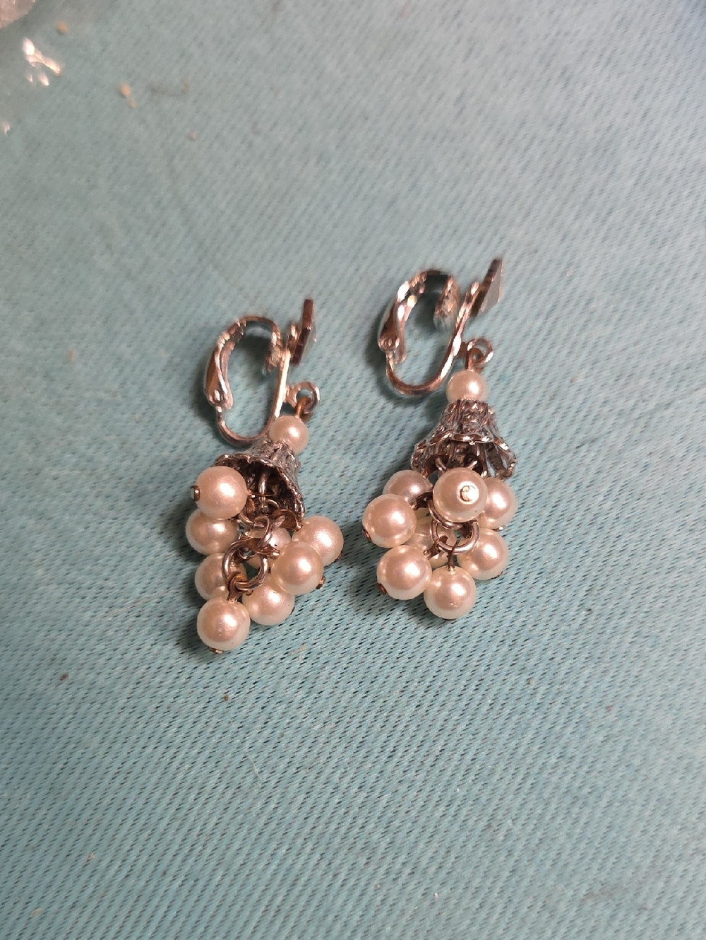 Elegant Pearl Cluster Clip On Earrings - White and Silver